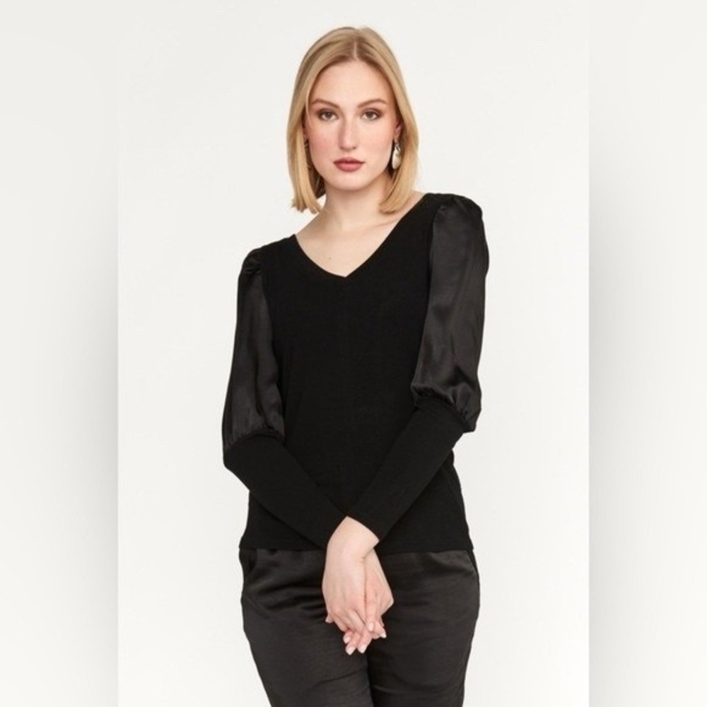 Melissa Nepton Joana Black Satin Long Puff Sleeve Top Blouse‎ Ribbed Size Small